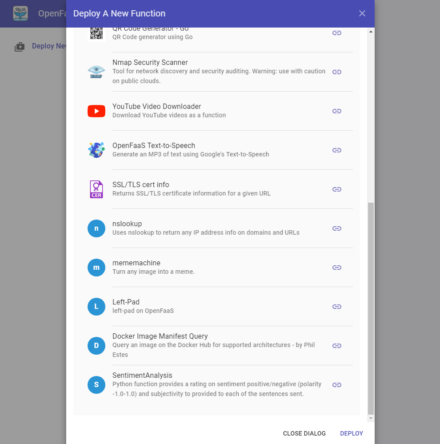 図2 「Deploy New Function」の「FROM STORE」タブでは登録されたファンクションを選んでデプロイできる