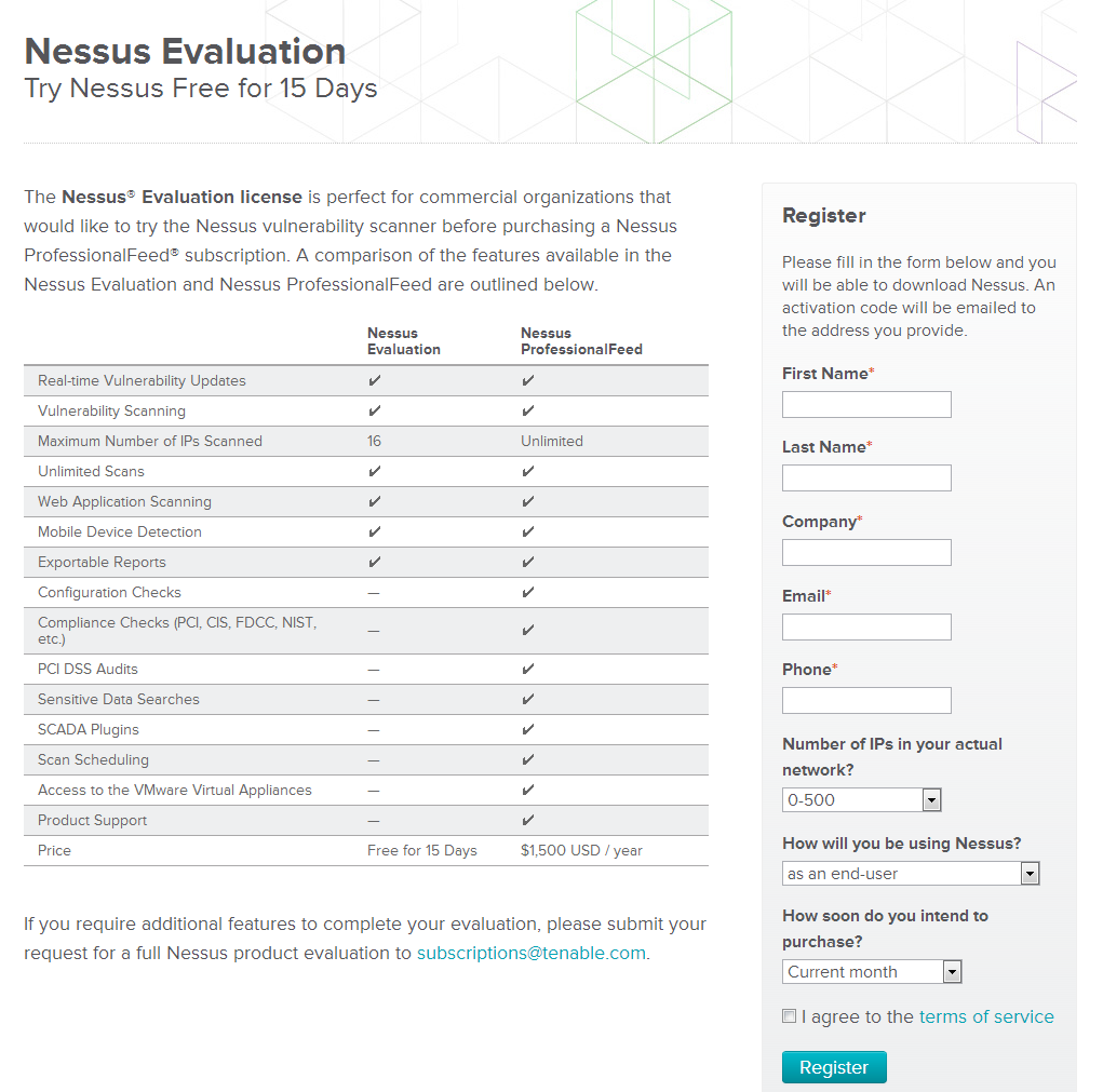 図1 Nessusの評価用ライセンス申込みページ