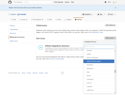 図28 GitHubの「Settings」画面内の「Webhooks & services」で設定を行う