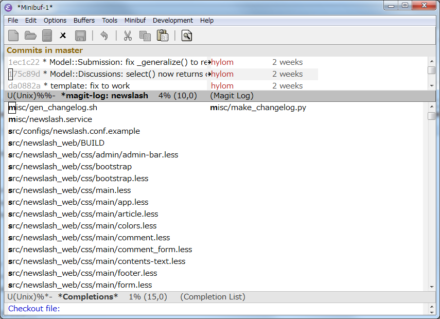 図23 「M-x magit-file-checkout」コマンドで特定のファイルのみをチェックアウトできる