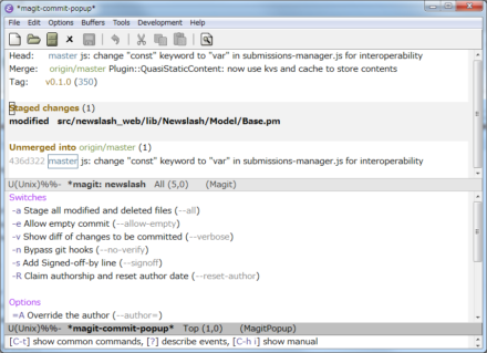 図18 Magitバッファで「c」を入力するとオプションを指定する「popup」バッファが表示される。コミットを実行するにはここで再度「c」を入力する