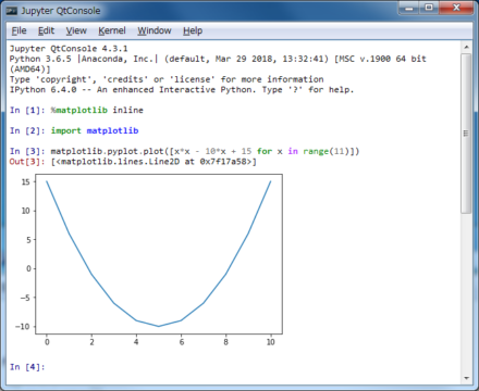 図15 Qt Console上で%matplotlibコマンドを「inline」オプション付きで実行することで、ウィンドウ内にプロット結果が表示されるようになる