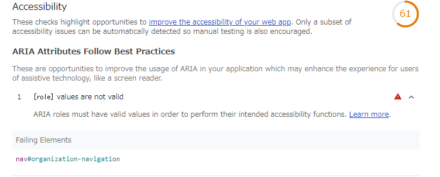 図13 要素に問題点が見つかった場合、その要素名やIDなどが表示される。この例では「organization-navigation」というIDが付けられた「nav」タグが問題となっている