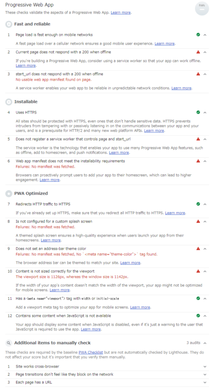 図18 「Progressive Web App」の診断項目