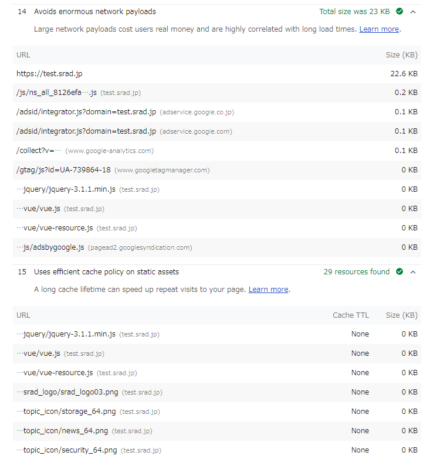 図11 「Avoids enormous network payloads」項目や「Uses efficient cache policy on static assets」ではページがロードしたリソースのサイズやキャッシュ状況を確認できる