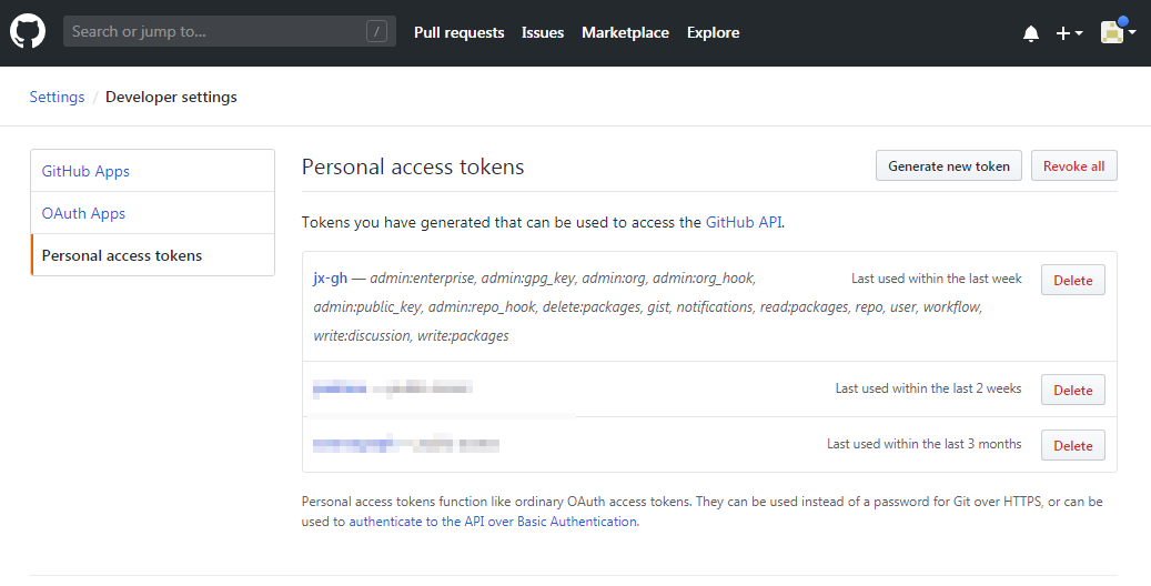 図2 GitHubの「Personal access tokens」ページ