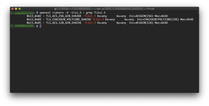 openssl ciphers -V -tls1_3 | grep TLSv1.3の実行例