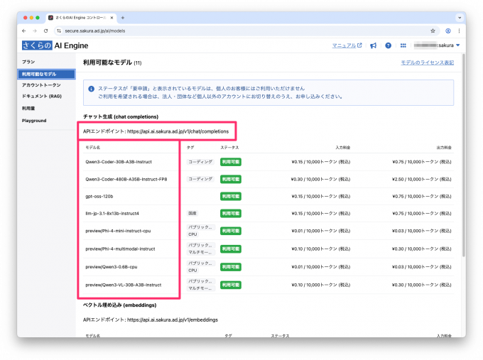 さくらのAI Engineで利用可能なモデルが一覧表示されている。各セクションの上部にはAPIエンドポイントがあり、その下にモデル名やタグ、ステータス、料金が表示されている。